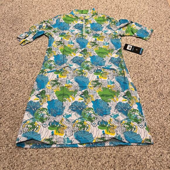 NWT IBKUL Ruched Sleeve Dress Sz M Floral Elbow Sleeve Outdoor Coastal Beach - Picture 1 of 6